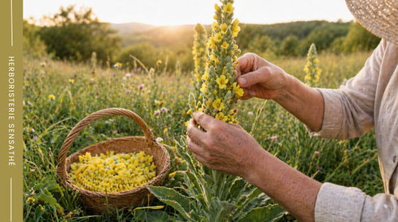 Récolte manuelle des fleurs de bouillon blanc utilisées en phytothérapie traditionnelle - Herboristerie Sensathé Récolte manuelle des fleurs de bouillon blanc utilisées en phytothérapie traditionnelle - Herboristerie Sensathé